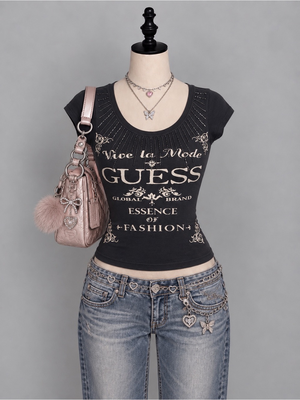 VTG Guess Jeans 100% Cotton Graphic Tee Shirt Small Black Beaded Scoop Neck Y2K